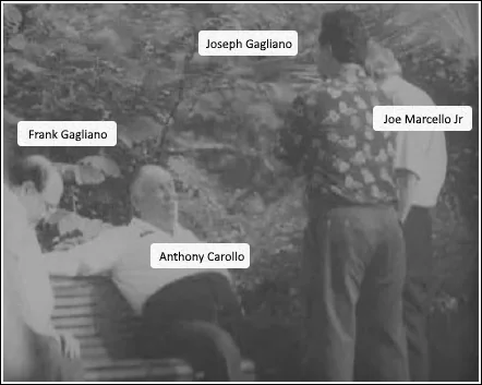 New Orleans crime family (from left to right) underboss Frank Gagliano, boss Anthony Carollo, soldier Joe Gagliano (Frank's son), and consigliere Joseph Marcello, Jr. photographed by FBI surveillance outside of Frank’s Deli in the early 90s.