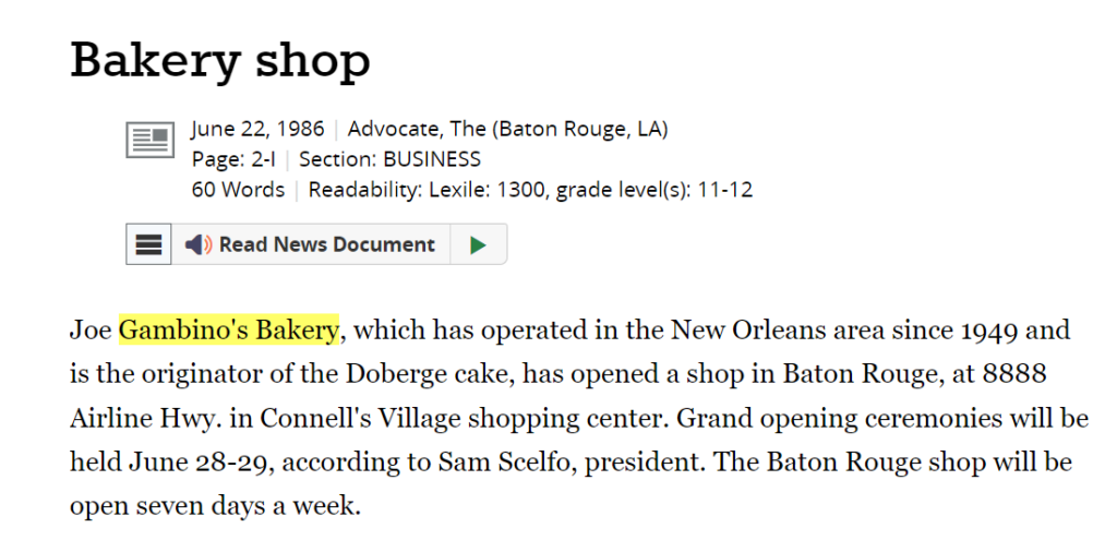 An article from the June 22, 1986 edition of the Advocate in Baton Rouge.