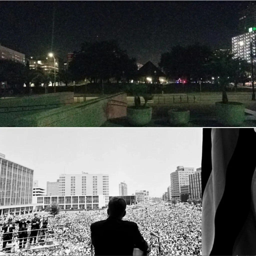 Top photo taken in 2018 from outside City Hall. Bottom photo taken from the second floor, on the balcony outside City Hall on May 4, 1962. Bottom photo is from behind Kennedy overlooking his adoring crowd. Both photos show Duncan Plaza from the City Hall building.
