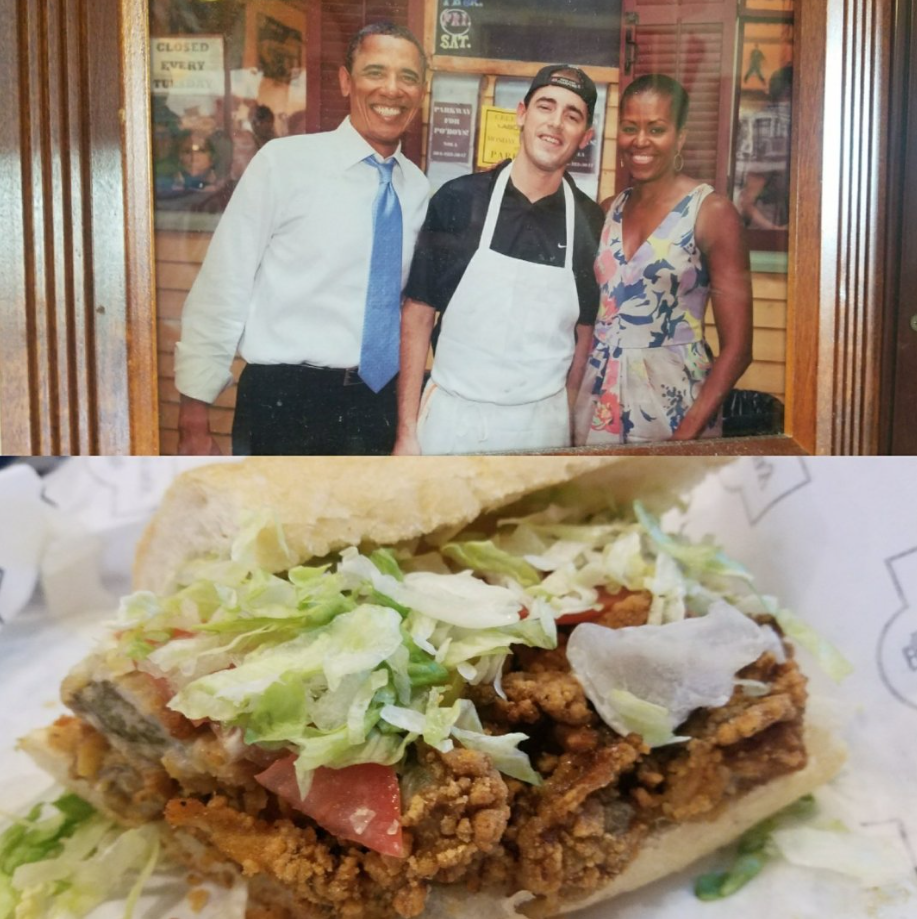 President Obama and the First Lady at Parkway Bakery and Tavern in August 2010. The bottom picture is of a Parkway Bakery and Tavern oyster poboy.