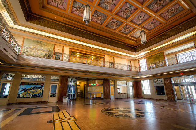 The ornate art deco lobby of Lakefront Airport can still be visited and enjoyed today.