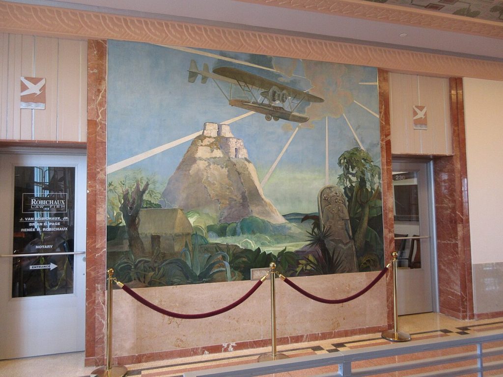 Lakefront Airport, New Orleans. At the Main Terminal Building. Works Progress Administration murals celebrating air travel, Xavier González head artist, had been covered up since the early 1960s, are now uncovered and being restored as part of the restoration of the historic building.
