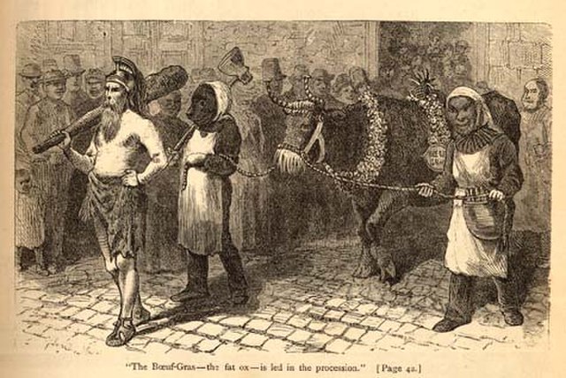 An 1875 engraving of the Boeuf Gras during the 1873 Rex parade in New Orleans. Photo by James Wells Champney.